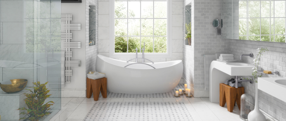 White modern bathtub with big picture window